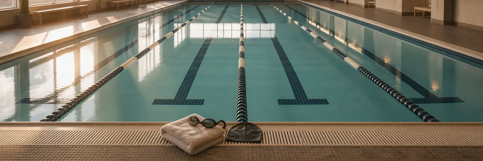 Overhead view of a lit indoor lap pool at dawn with a folded towel, goggles, and swim cap on the deck lane divider