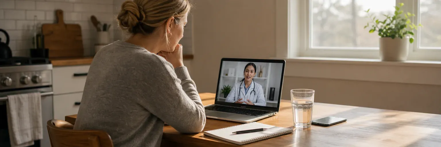 adult on a home video consultation with a clinician on a laptop about telehealth weight loss care
