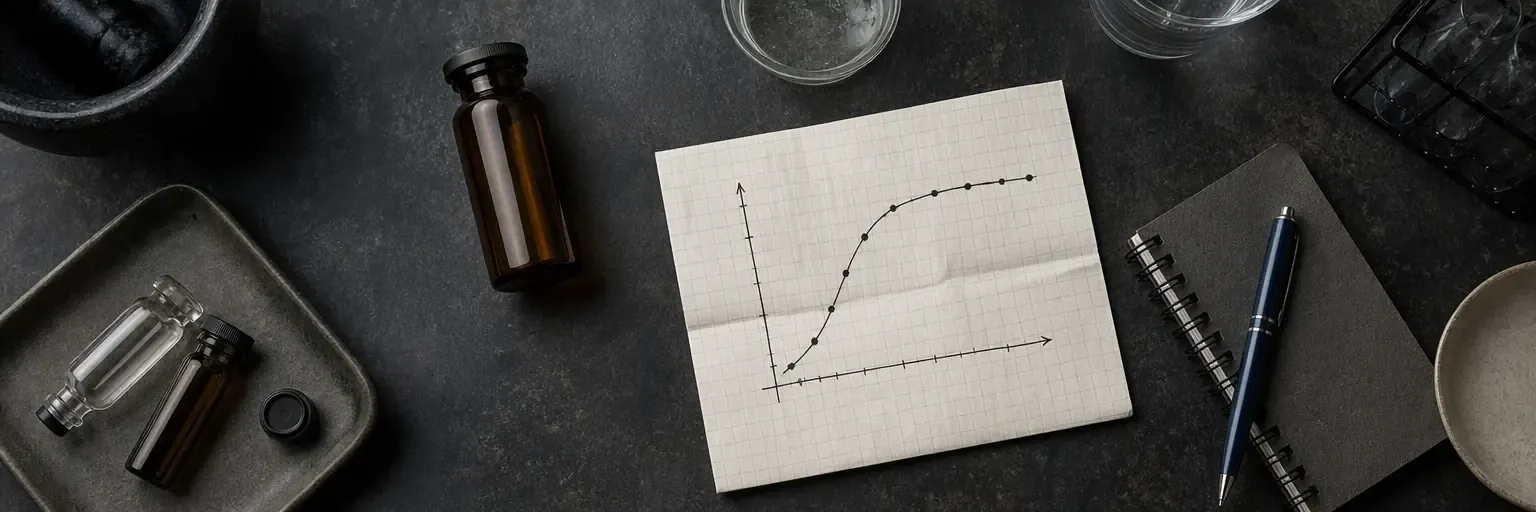 unbranded amber vial beside a hand-drawn dose-response curve on graph paper and a notebook on a muted lab desk