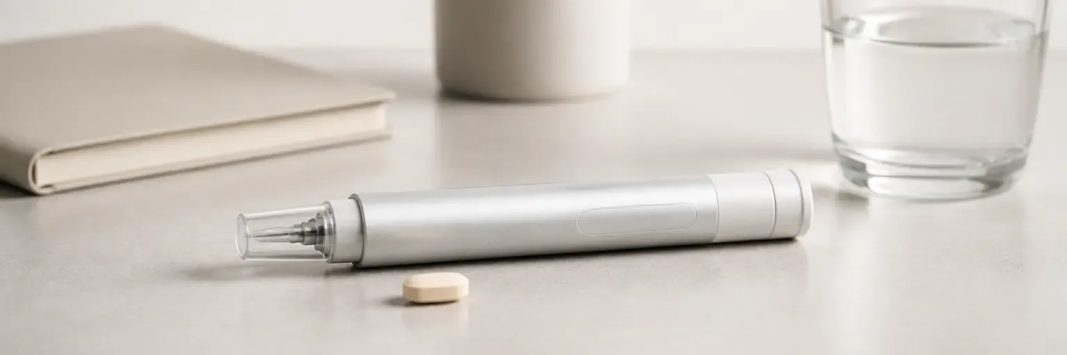 Unbranded weekly injector pen beside a single unbranded oval tablet on a matte laboratory bench with a notebook and glass of water.