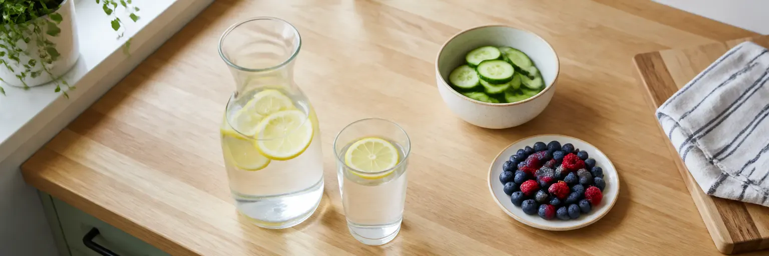Overhead view of a clear glass carafe of water with a full drinking glass, lemon slices, cucumber slices, and a small bowl of berries on a light-wood kitchen counter.