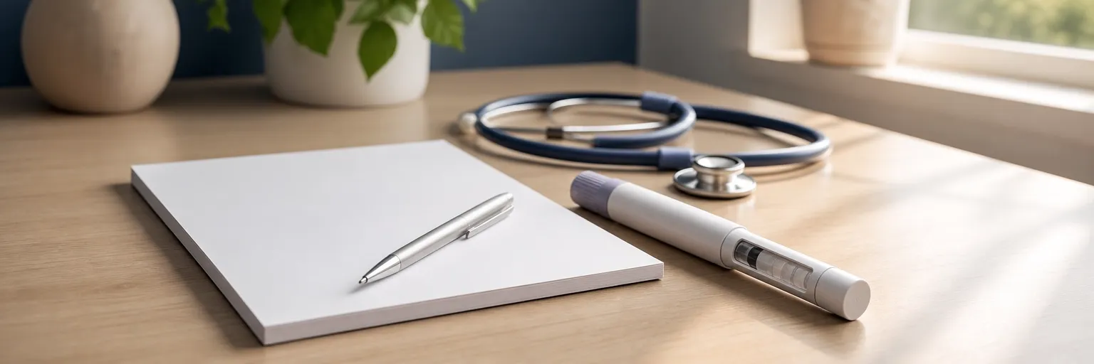unbranded weekly injection pen and blank prescription pad on a clinician's desk with a folded stethoscope in warm natural light