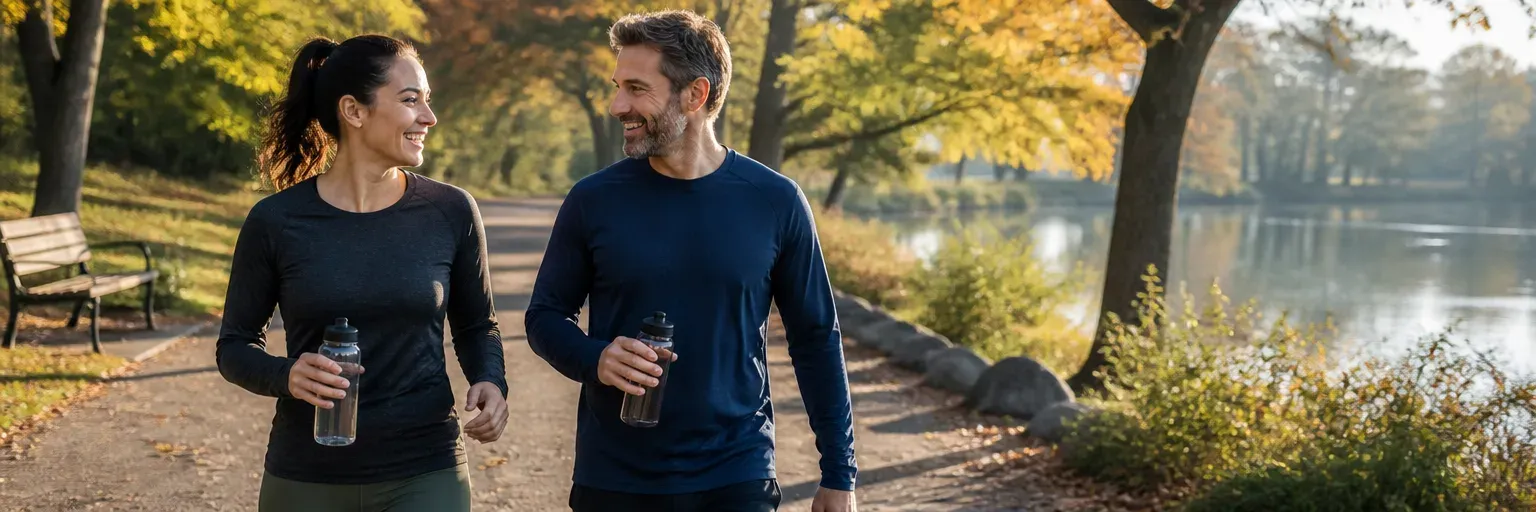 Two adults in casual workout clothes walking outdoors on a park path in morning light, chatting side by side with water bottles in hand.