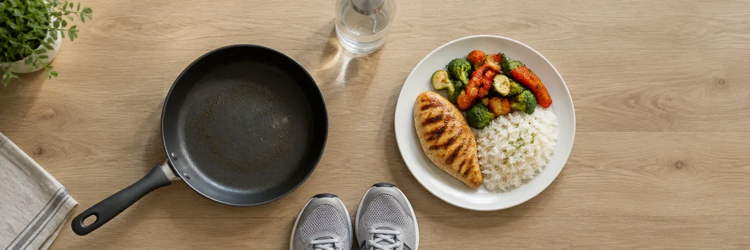 Overhead flat-lay of a single-serving stovetop pan, one plate with grilled chicken, roasted vegetables, and rice, a water bottle, and running shoes at the edge of a light oak surface — a solo-cooking anchor meal after a breakup