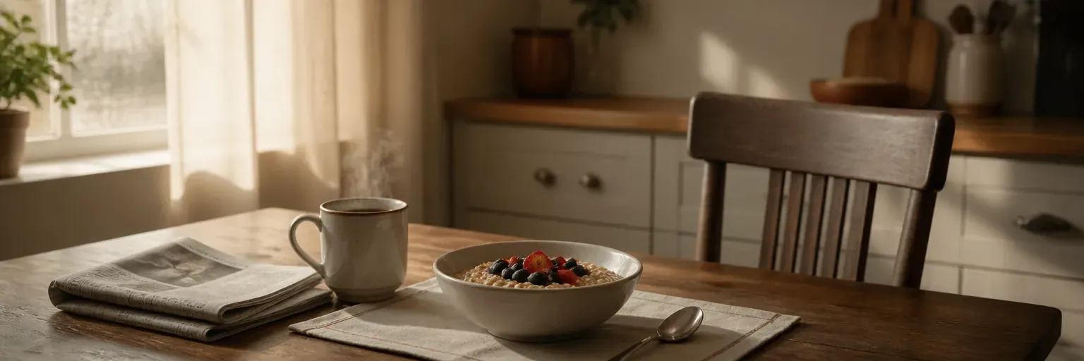 A quiet mid-morning kitchen scene in soft window light: a single place setting on a small wooden table with a bowl of oatmeal and berries, a mug of coffee, a folded newspaper, and one empty chair across the table implying a recent household change. Unbranded, unposed, no faces.