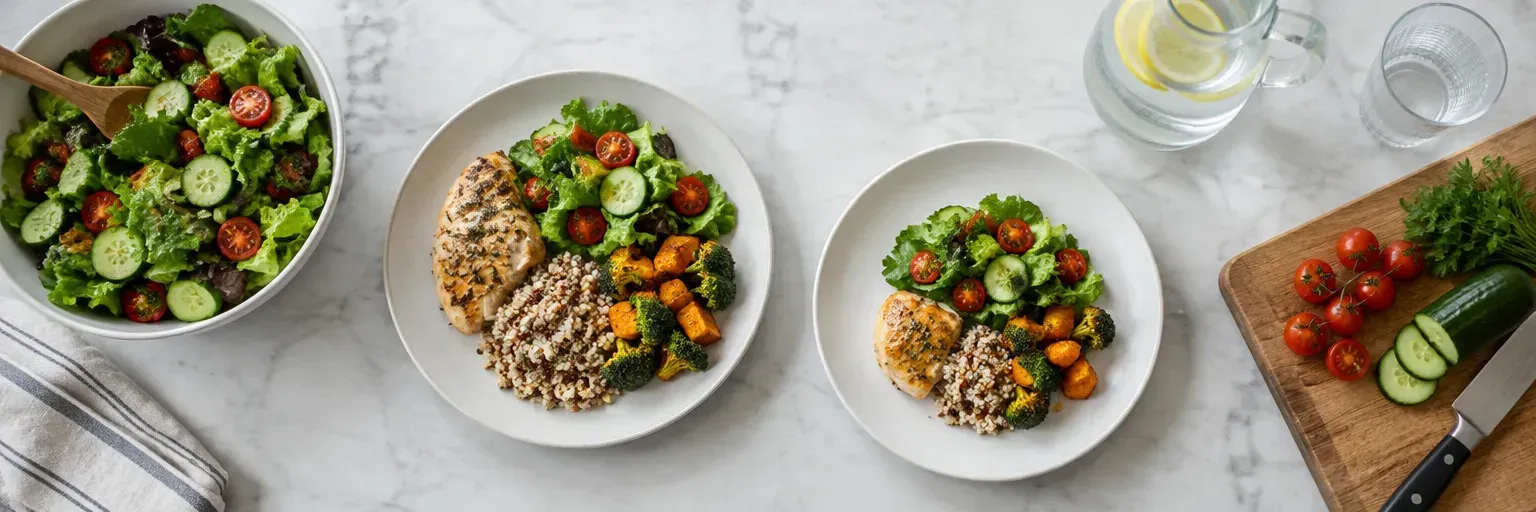 Overhead flat-lay of a shared kitchen counter with two labeled dinner plates showing the same food in different portion sizes, a salad bowl, a water pitcher, and a cutting board with vegetables — no faces, no branding.