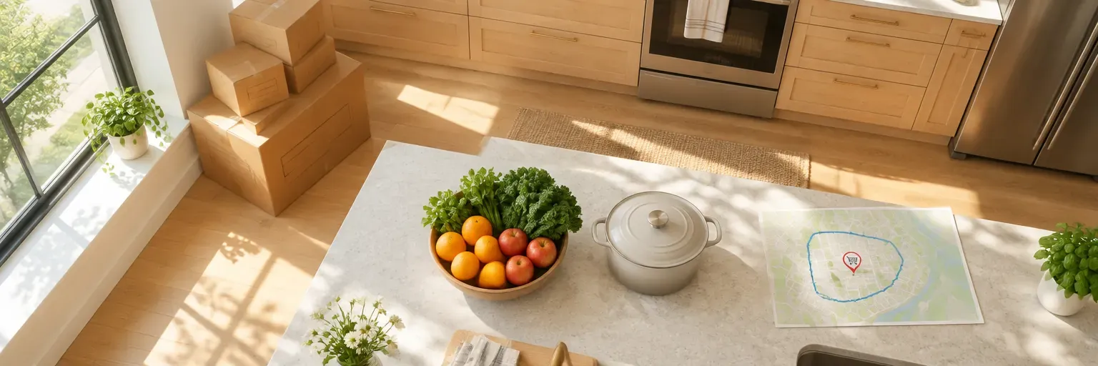 Overhead flat-lay of a mostly-unpacked new kitchen — a few labeled brown moving boxes stacked to one side, a bowl of fresh produce with oranges, apples, and greens beside one clean pot on a light stone countertop, a small wall map of a new neighborhood with a red pin on a grocery store and a highlighted walking loop, and morning sun through a large window across warm light-wood cabinetry.