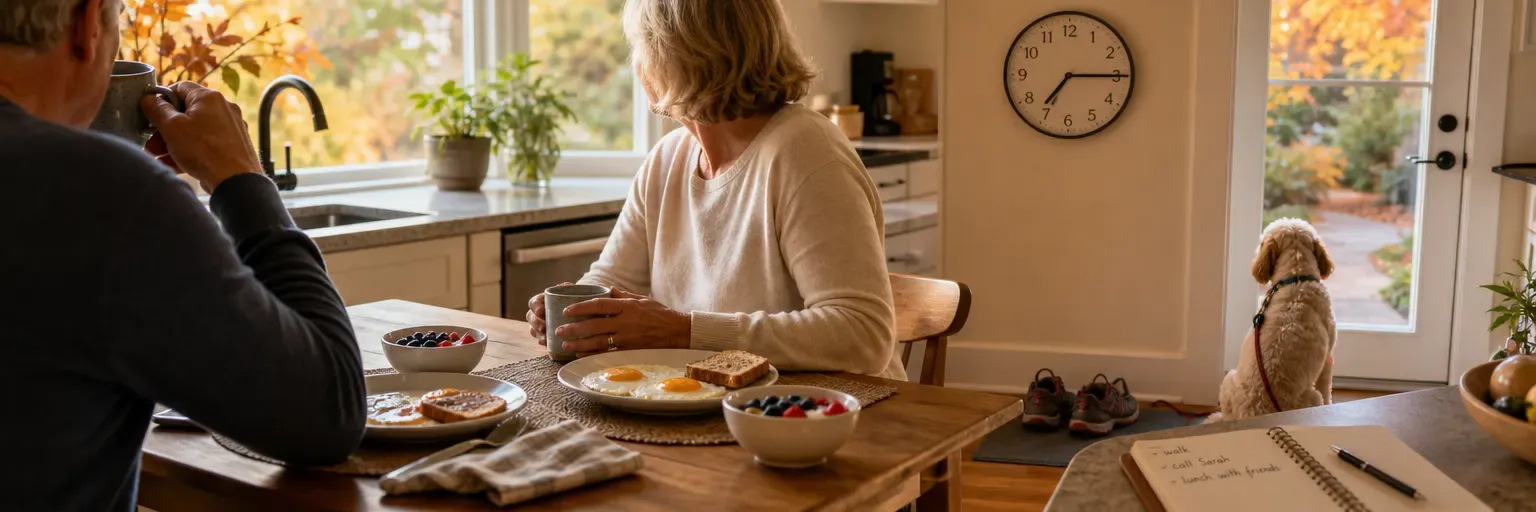 Warm-lit early-morning kitchen scene: a mid-60s couple sharing a protein-forward breakfast at a small wooden table — two-egg plate, Greek yogurt with berries, coffee — walking shoes and a leashed dog waiting by the back door, a wall clock reading 7:15 am, a journal on the counter noting the day's walk, call, and lunch plan. Autumn garden light through the window.