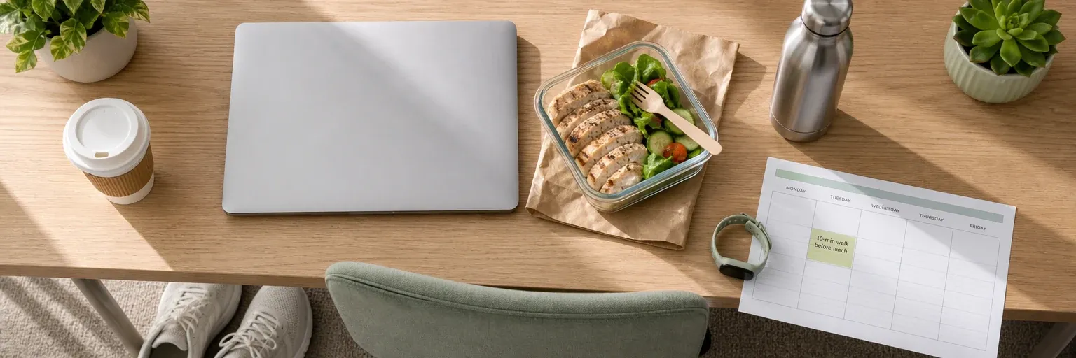 Overhead flat-lay of a clean modern office desk with a closed silver laptop, a takeaway coffee cup, a brown-bag lunch of grilled chicken and salad in a glass container, a stainless-steel water bottle, a printed weekly calendar with a highlighted 10-minute walk-before-lunch block, a fitness tracker, and white walking sneakers tucked under the chair — bright natural morning light on a warm light-wood surface.