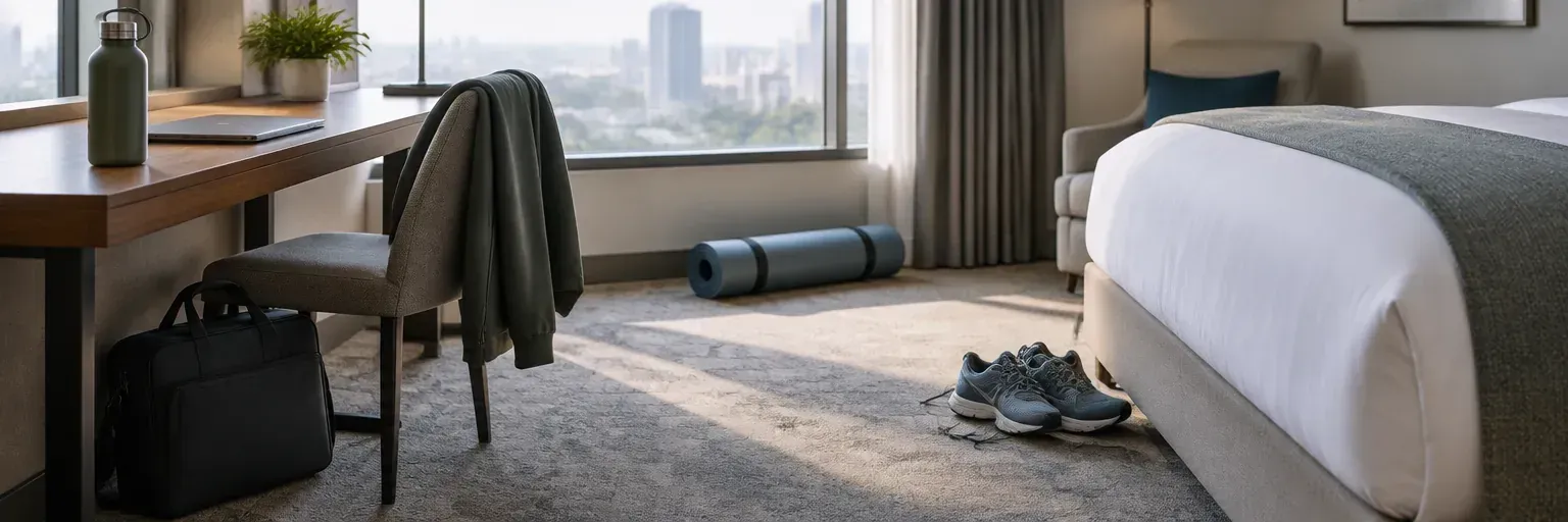 A quiet corner of a business-hotel room in morning light with a rolled yoga mat on the carpet, running shoes at the foot of the bed, a labeled 32-ounce water bottle on the desk, and a laptop bag beside a folded jacket — no branding, no facial identifiability.