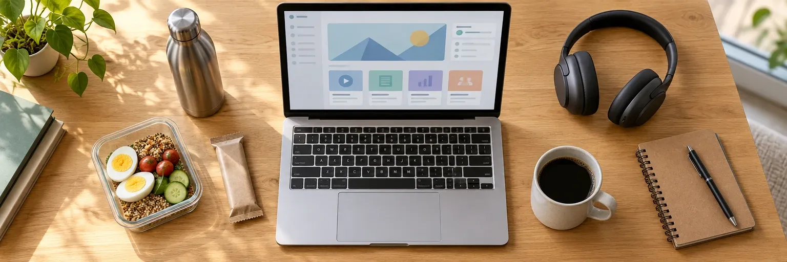 Overhead flat-lay of a returning adult student's study surface on light oak — an open laptop on a course dashboard, a small container with a hard-boiled egg and a plain protein bar, a stainless-steel water bottle, a small notebook and pen, and a mug of coffee — no branding and no facial identifiability.
