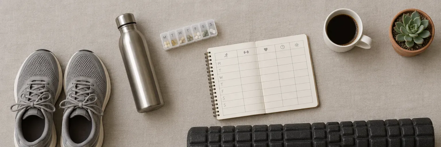 Overhead flat-lay of a pair of neutral gray running shoes, a black foam roller, a stainless-steel water bottle, a clear pill organizer, a spiral notebook open to a training-log grid, a coffee mug, and a small potted succulent on a light gray flat surface.