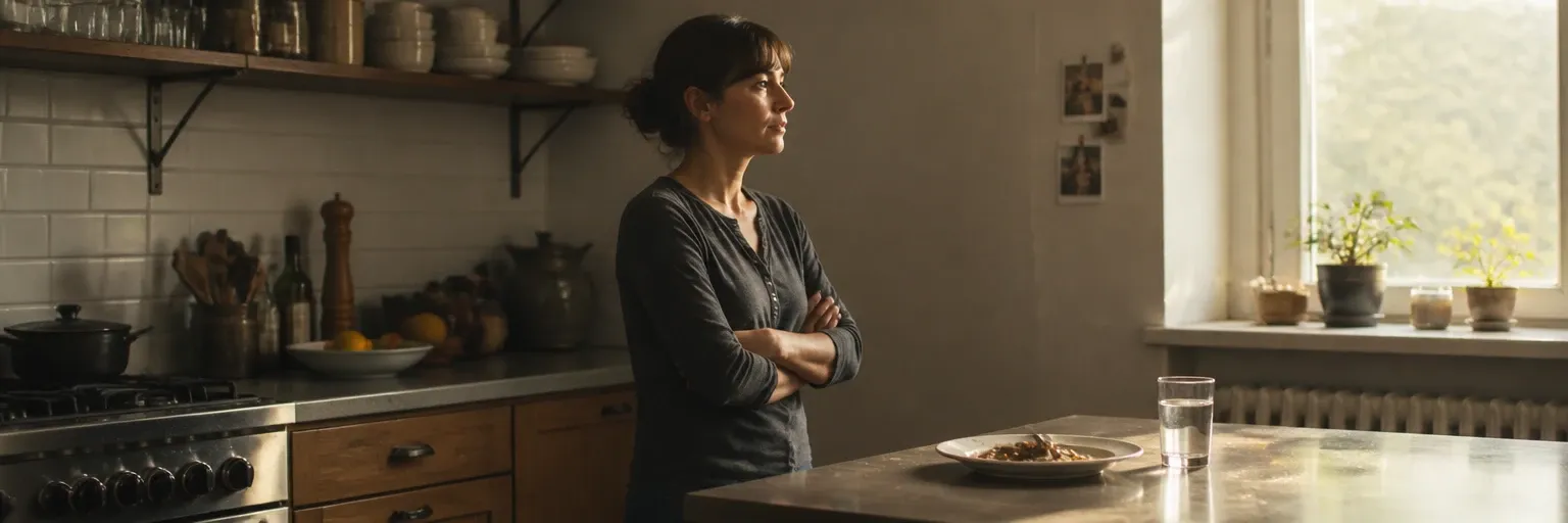 An adult standing thoughtfully in a small home kitchen with a half-eaten plate on the counter and a glass of water beside it, warm afternoon light, no visible brand marks.