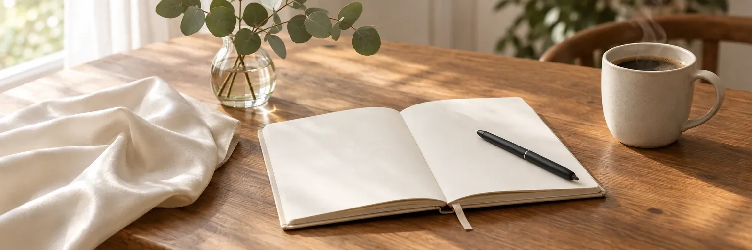 A warm editorial photograph of a wedding-planning workspace on a wooden table — an open cream planner notebook with blank pages, a swatch of pale ivory fabric folded to one side, a small stem of green eucalyptus in a clear glass bud vase, a matte-black pen resting on the notebook, and a pale ceramic mug of coffee — soft late-morning window light, no people, no readable text.