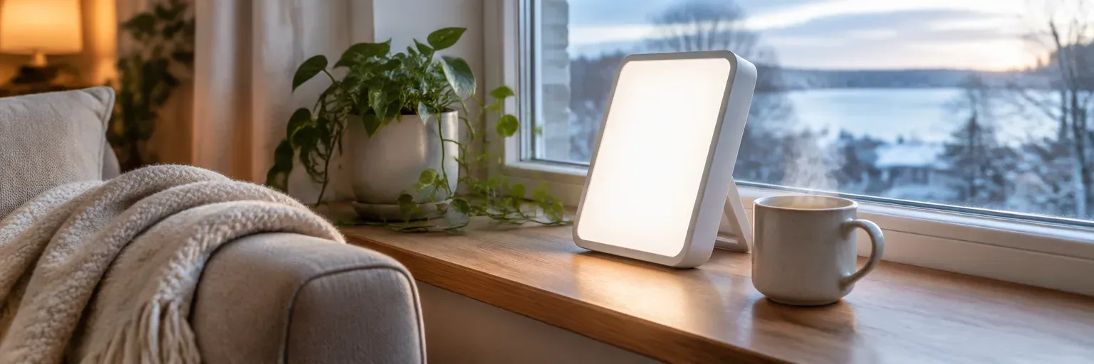 A warm editorial photograph of a light-therapy box on a wooden windowsill beside a mug of tea, a folded blanket, and a small houseplant with soft morning light, no people, no readable brand marks.
