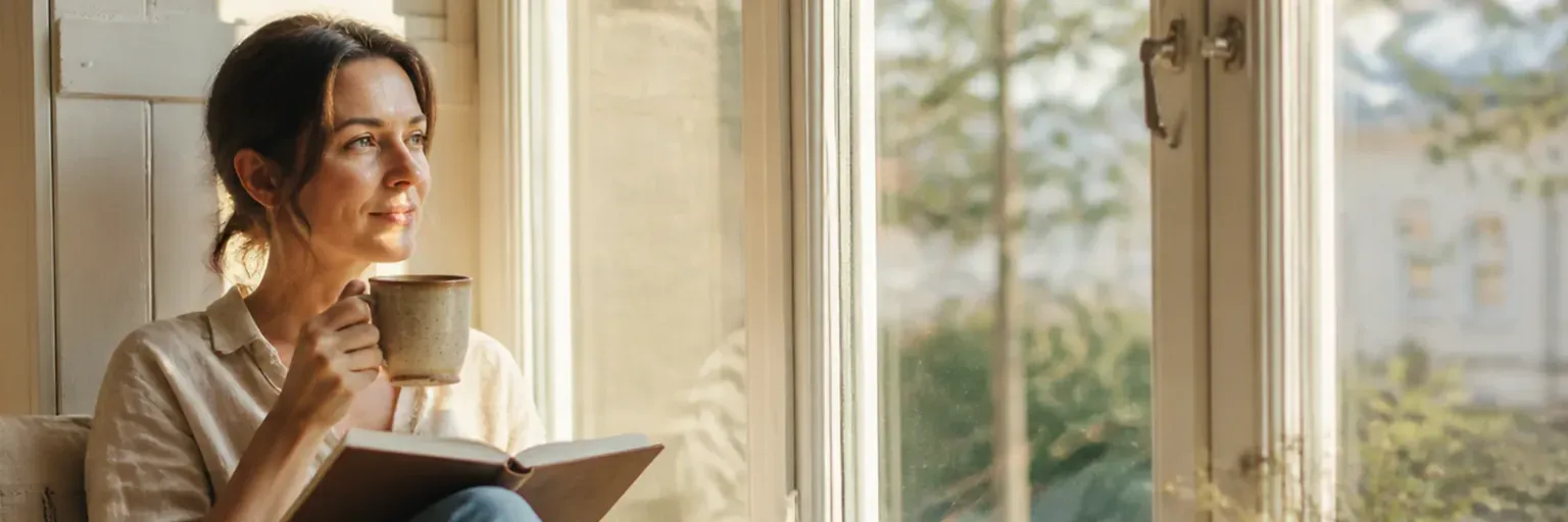 Realistic photograph of a woman in her 40s sitting on a sunlit windowsill with a mug of tea and an open journal in her lap, calm expression, neutral morning light, no scale or measuring tape in frame.