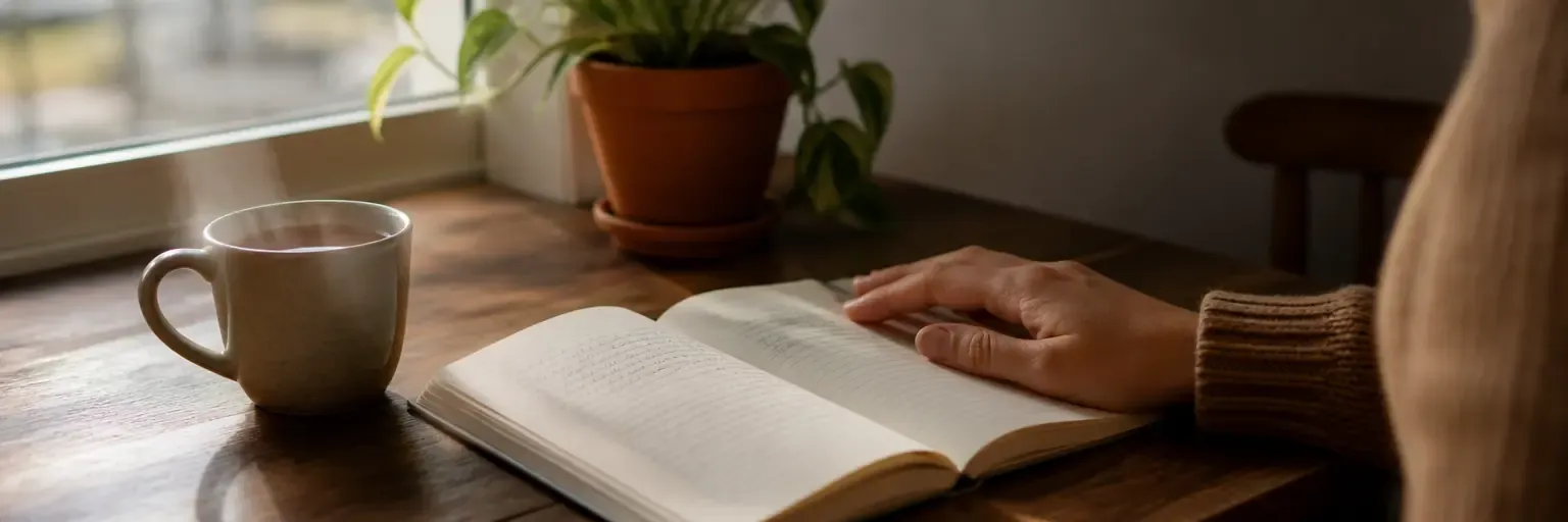 A soft-lit journal open on a wooden table with a handwritten reframing exercise, a warm mug of tea, a person's hand resting gently at the edge of the page, and a small potted plant in the background — an unposed, calm scene suggesting private self-work rather than a wellness stock photo.