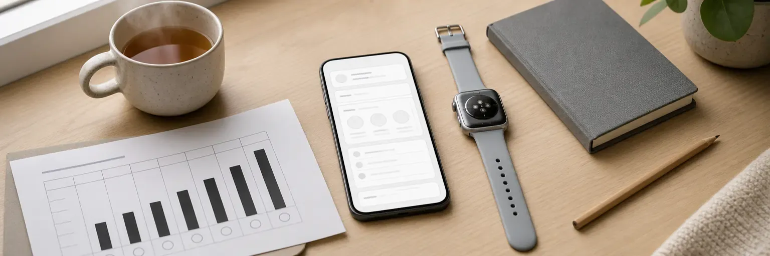 Neutral desk scene with a phone showing a blank food-diary card, a face-down smartwatch, a printed weekly step-goal chart, a mug of tea, and a small closed notebook.