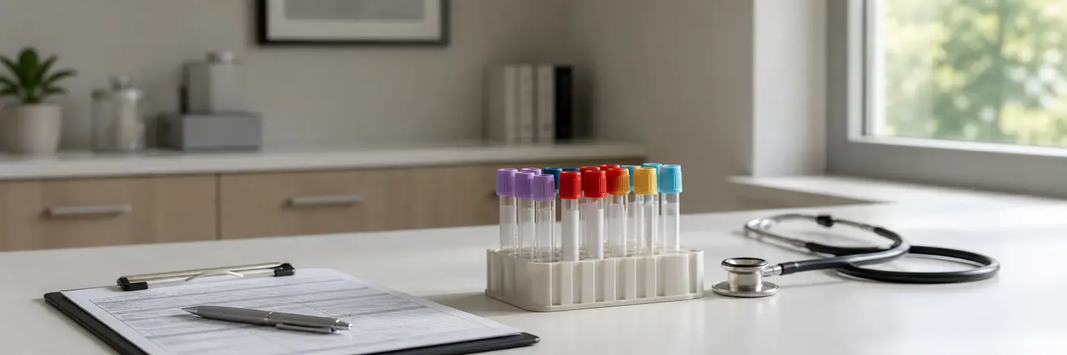 Unbranded lab vacutainer tubes, a lab requisition form on a clipboard, and a stethoscope on a clean matte counter in a healthcare environment.