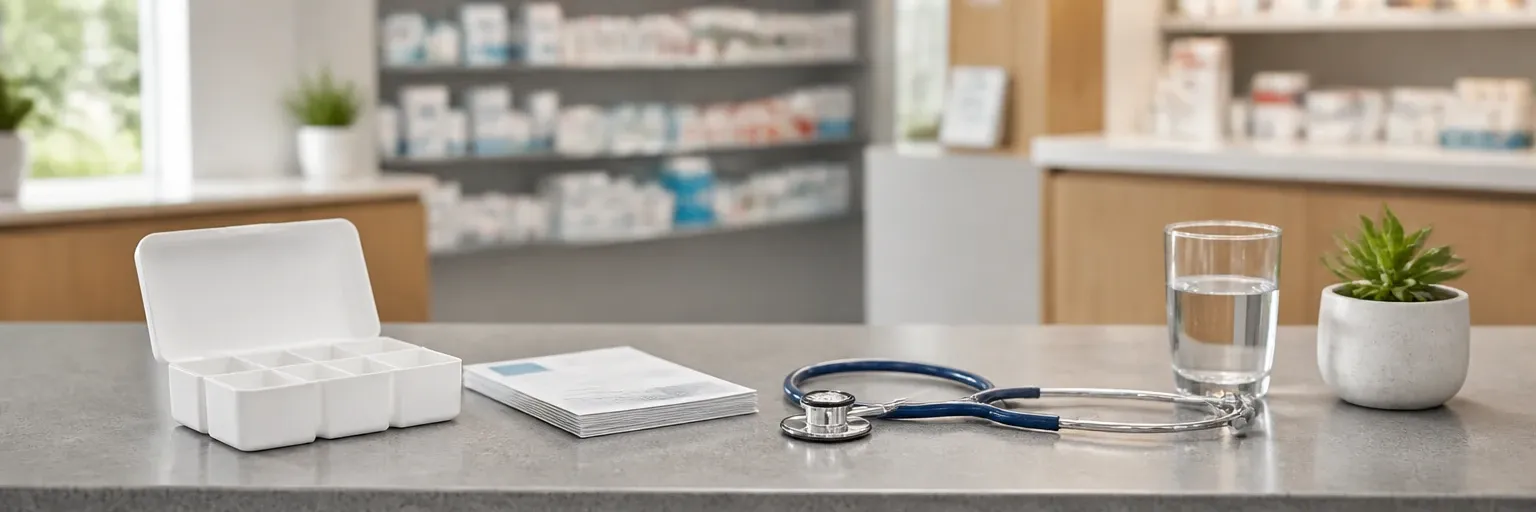 unbranded medication safety consultation setup with pill organizer, patient information leaflets, and stethoscope on a clean pharmacy counter
