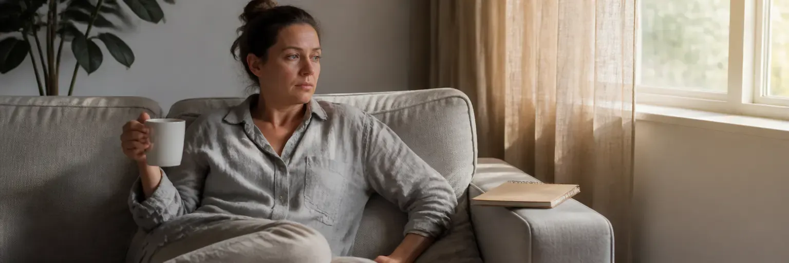 A tired-looking adult in loose comfortable clothing sitting on a plain sofa with a mug in one hand and a paper notebook closed on the arm of the sofa, soft afternoon light, no visible screens or brand marks.