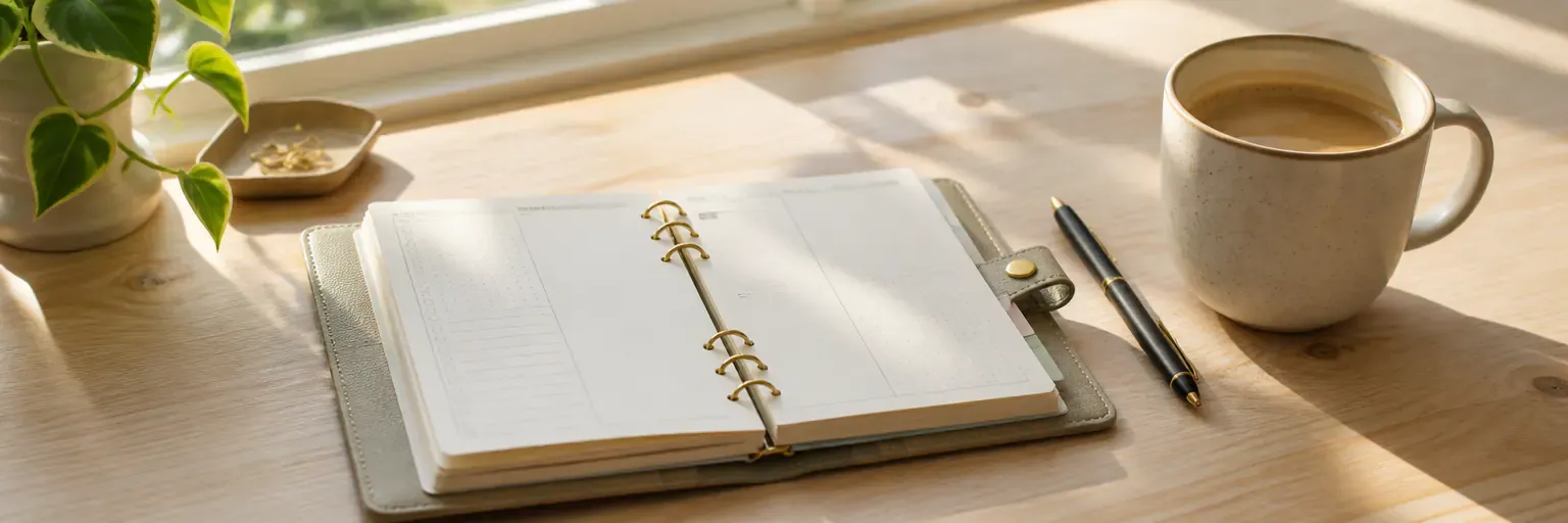 A small paper planner open on a light wood desk with a pen and a mug of coffee, morning light through a window, no visible text or branding.