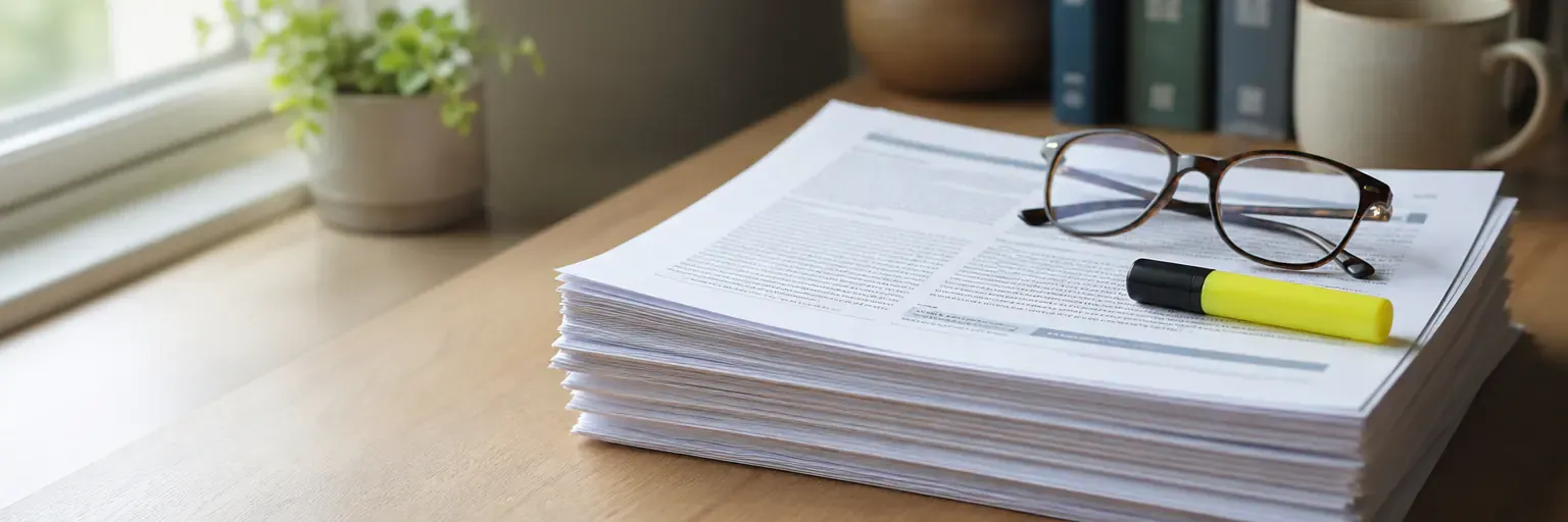 Stack of printed clinical research abstracts on a soft-lit desk with a highlighter and reading glasses.