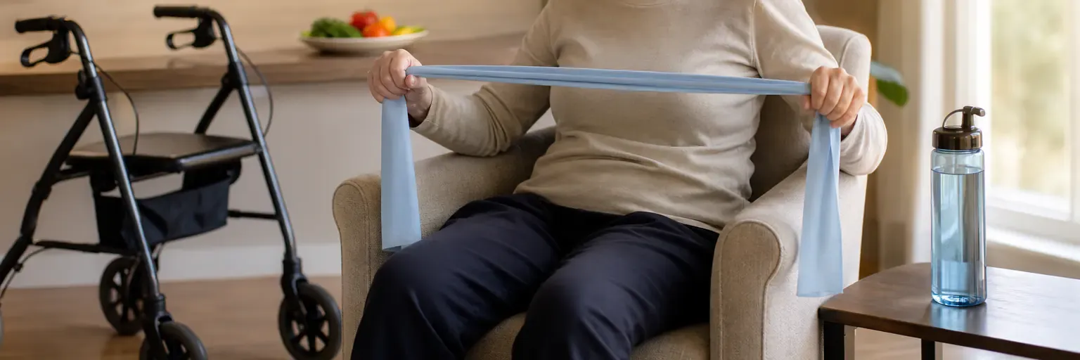 adult seated in a stable chair holding a light resistance band with both hands, a filled water bottle on a side table, a walker parked to one side and a small plate of colorful vegetables in soft focus in the background, natural morning light — illustrating accessible weight-loss movement and nutrition for people with limited mobility.