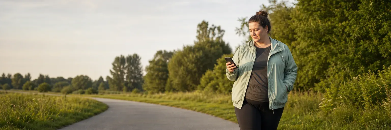 adult in casual clothes checking a habit tracker during an outdoor walk on a sunny path
