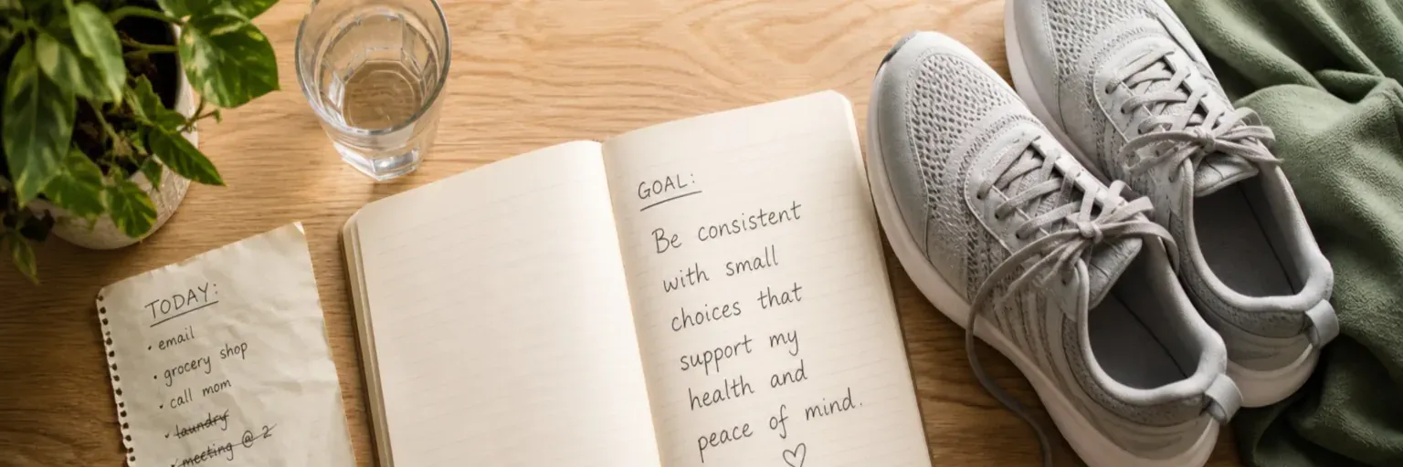 Overhead flat-lay of an open journal with a hand-lettered goal, a wilting to-do list, a half-full water glass, a folded pair of running shoes, and a soft-morning-light frame on a light oak counter.