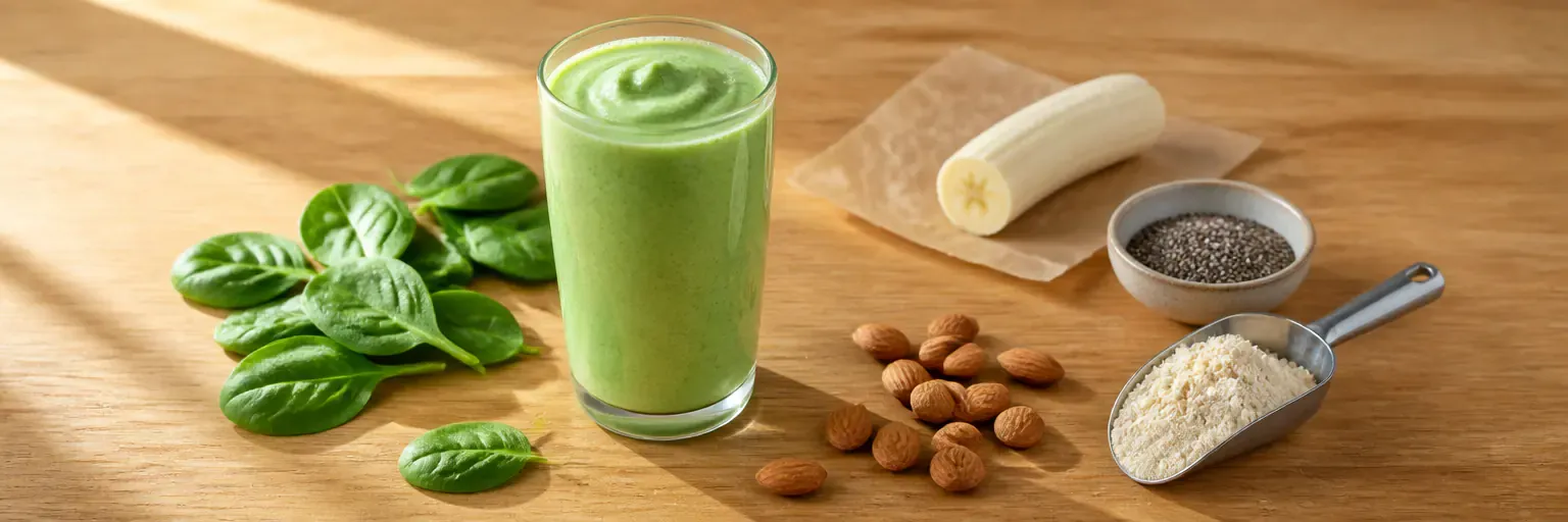 Overhead still-life of a tall glass of thick pastel-green weight-loss smoothie on a light oak counter with fresh spinach, half a banana, a small bowl of chia seeds, an unbranded scoop of vanilla protein powder, and scattered raw almonds in soft morning light