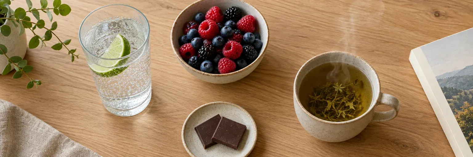 Overhead flat-lay of an alcohol-free evening reset — a tall glass of sparkling water with a wedge of lime, a small bowl of mixed berries, two squares of dark chocolate, an herbal tea cup with steam, and the edge of a paperback book, on a light oak surface.