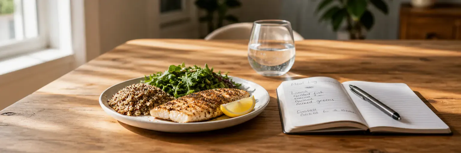 a plated meal of grilled fish, leafy greens, quinoa, and lemon on a dining table with a small handwritten meal-log notebook and a glass of water in natural window light