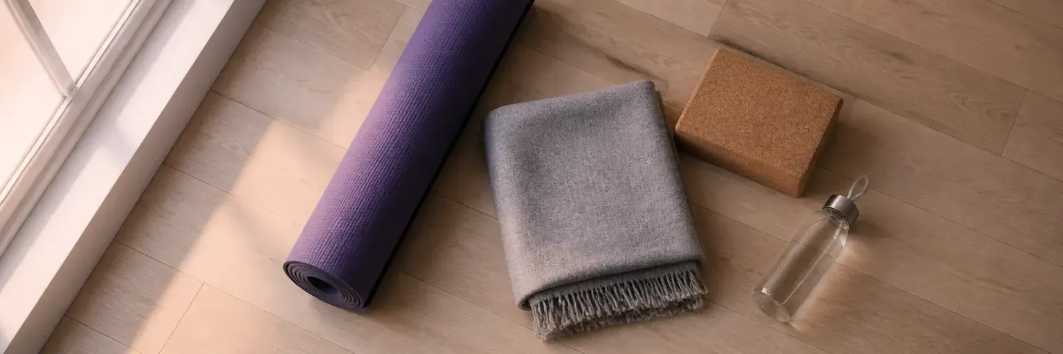 Overhead flat-lay of a rolled yoga mat, folded soft blanket, cork yoga block, and water bottle on a light wooden floor at dawn, no practitioner
