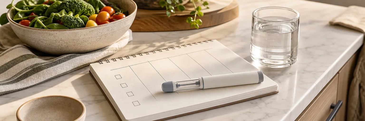 unbranded weekly injection pen resting on a notebook with a hand-drawn weekly calendar, glass of water, and fresh vegetables in soft morning light