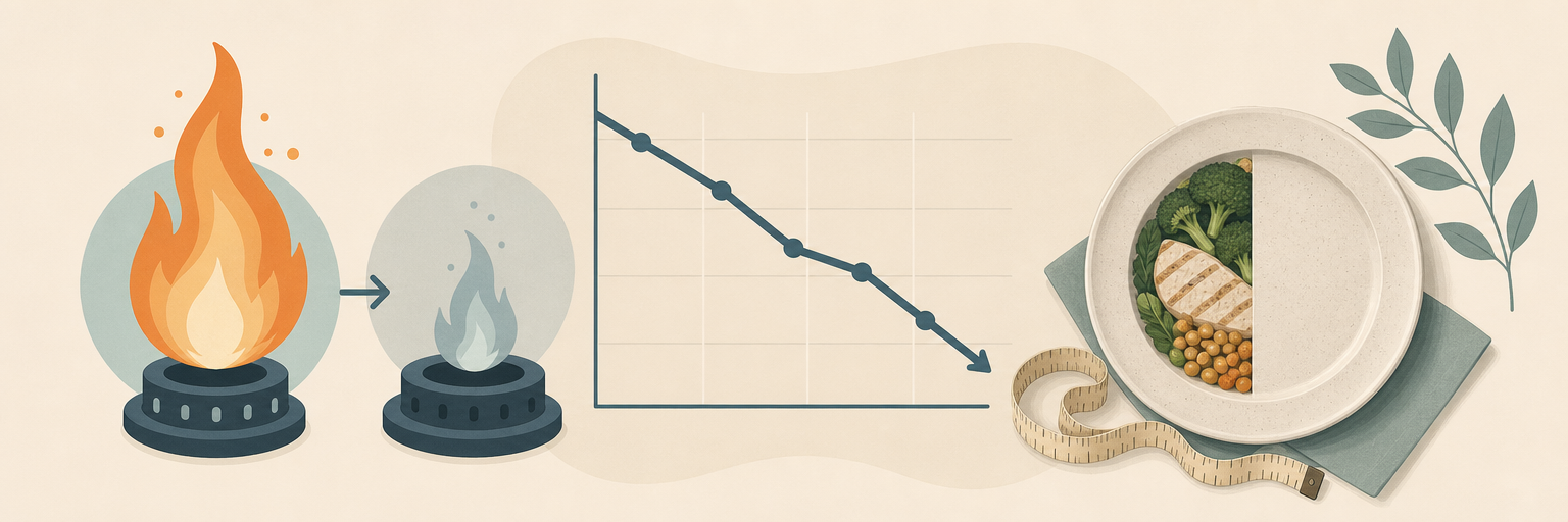 Stylised dimming flame beside a downward-trending line graph, tape measure, and half-full plate, illustrating adaptive thermogenesis and metabolic adaptation after weight loss.