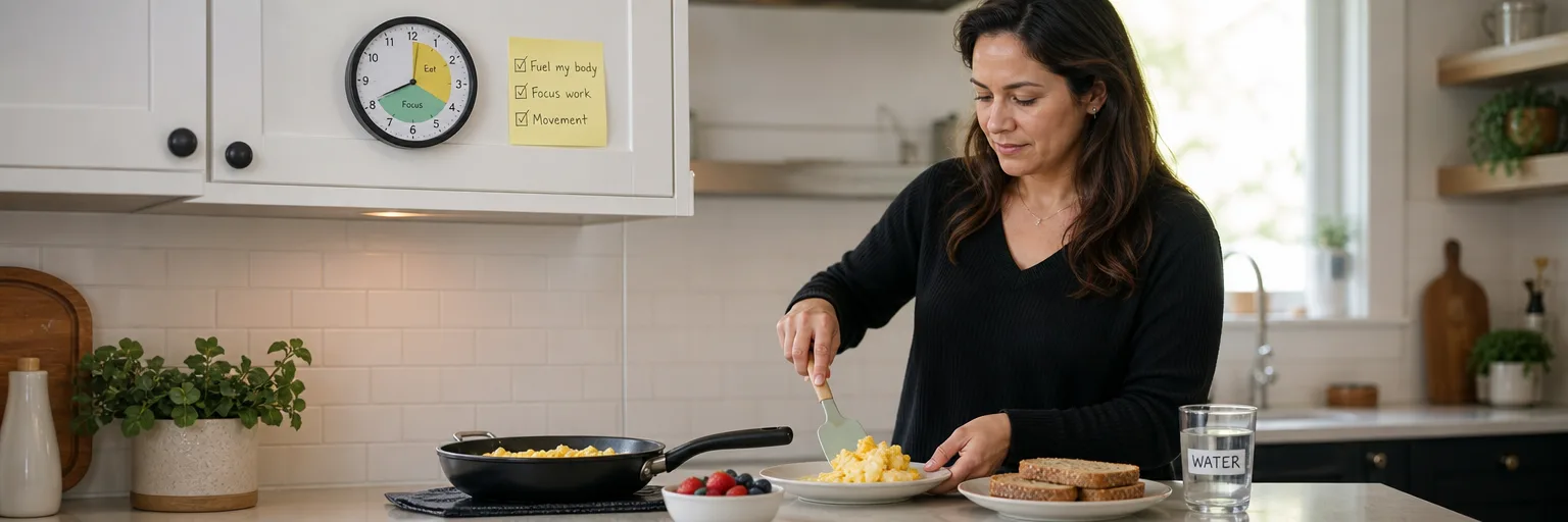 adult preparing a structured high-protein breakfast at a tidy counter with a labeled water glass, a meal-timing clock, and a sticky-note checklist as part of an ADHD-friendly weight-loss routine
