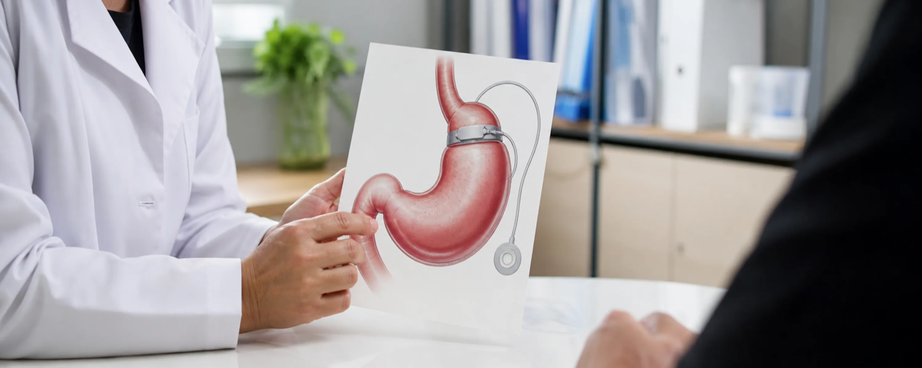 Clinician explaining how an adjustable gastric band wraps around the upper stomach