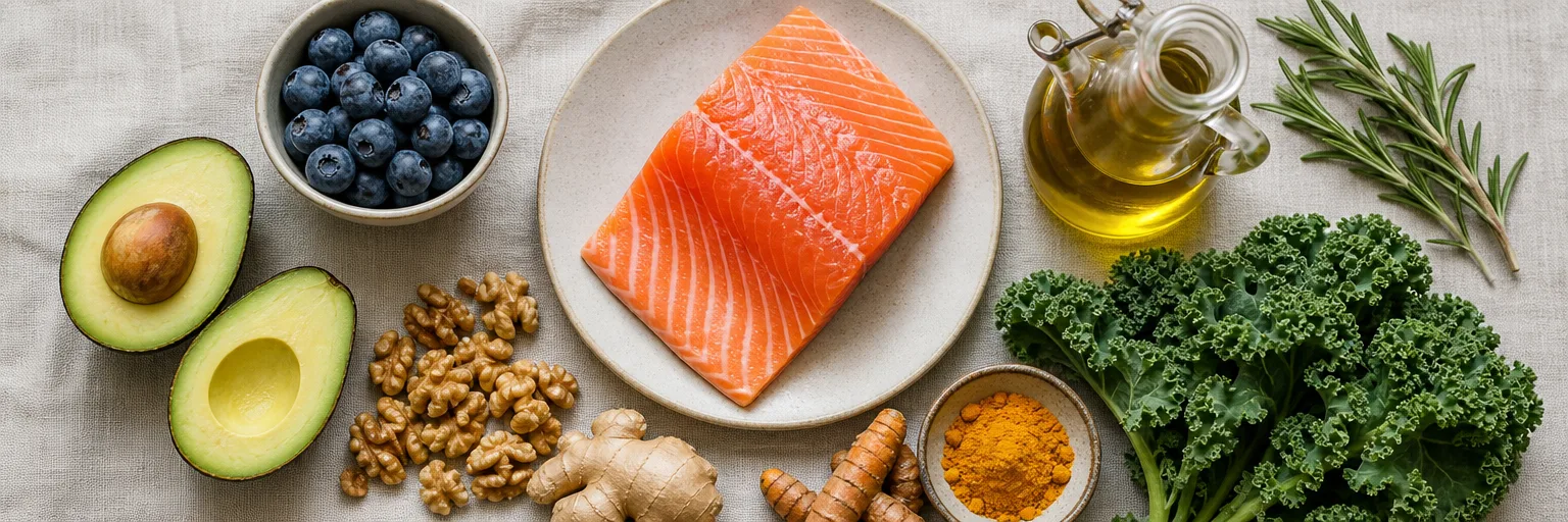 anti-inflammatory whole foods including salmon, blueberries, avocado, walnuts, ginger, turmeric, kale, and olive oil
