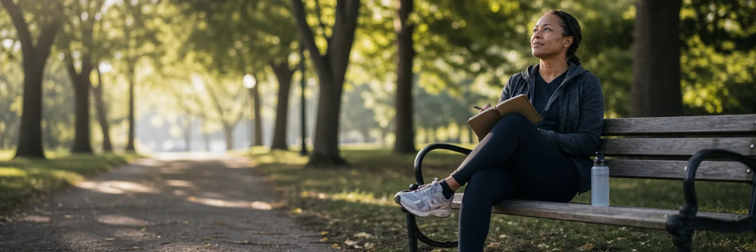 adult seated on a sunlit park bench mid-walk with a notebook and water bottle as part of an anxiety-friendly weight-loss routine