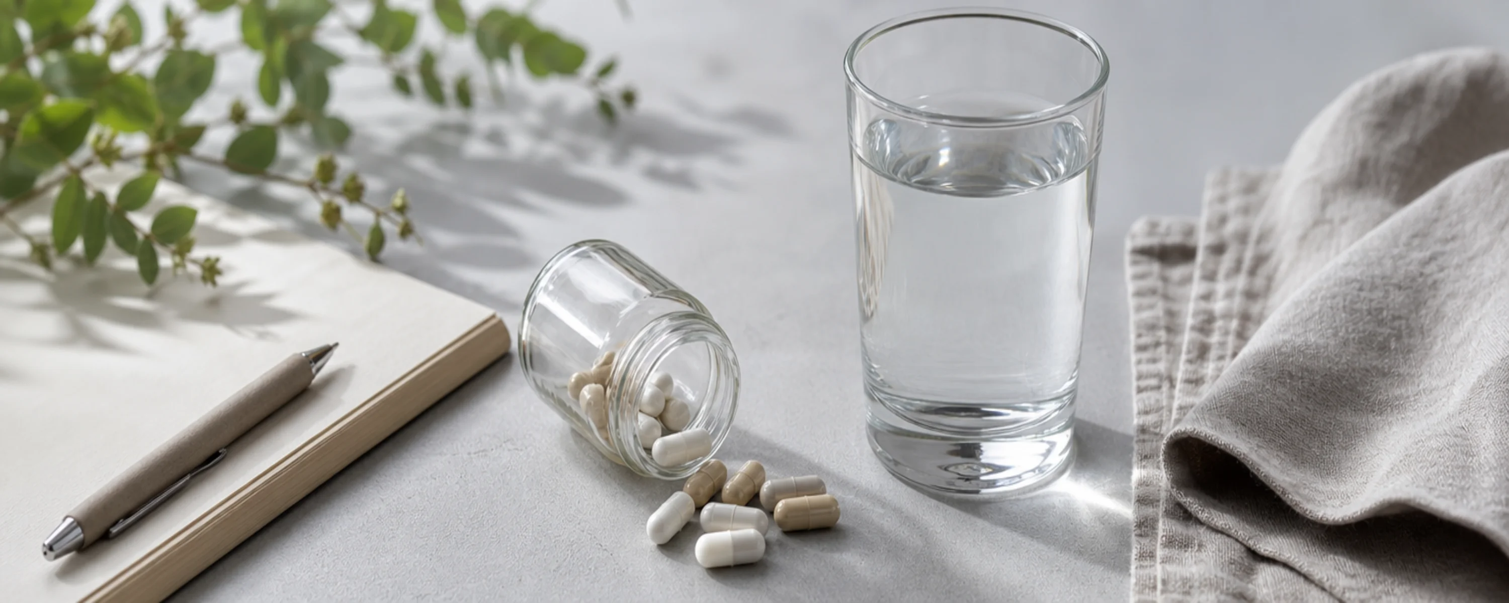 Neutral unbranded white and beige capsules spilling from a small glass jar beside a glass of water and a closed notepad on a soft light-gray surface