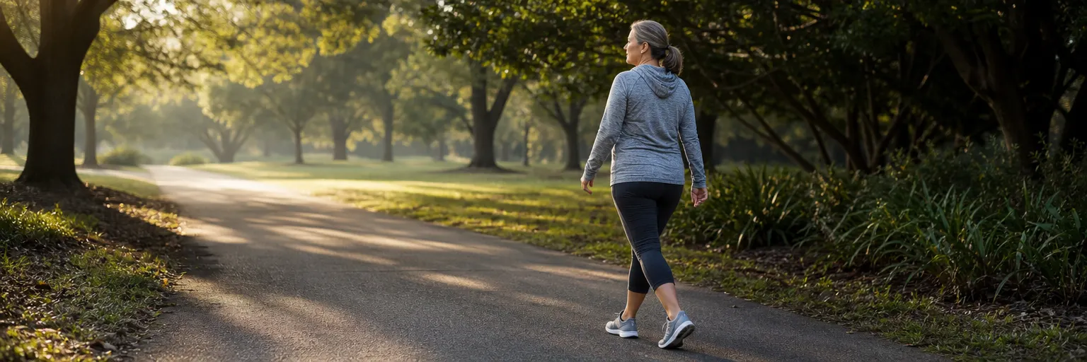 adult walking outdoors on a level path in supportive shoes to manage chronic low back pain through weight loss