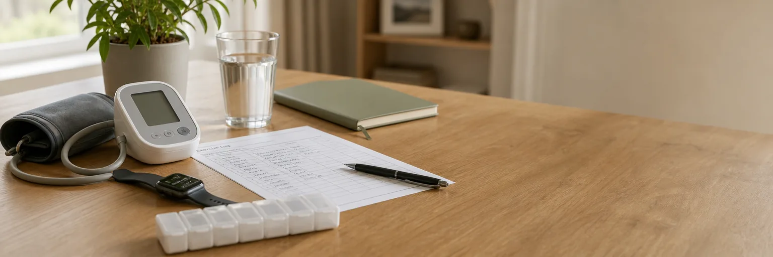 calm home office desk in soft daylight with a digital home blood-pressure monitor and cuff, a face-up smartwatch showing a resting heart-rate metric with no visible brand, an unlabeled weekly pill organizer in soft focus, a printed exercise log, a glass of water, a closed notebook and pen, and a small potted plant at the edge