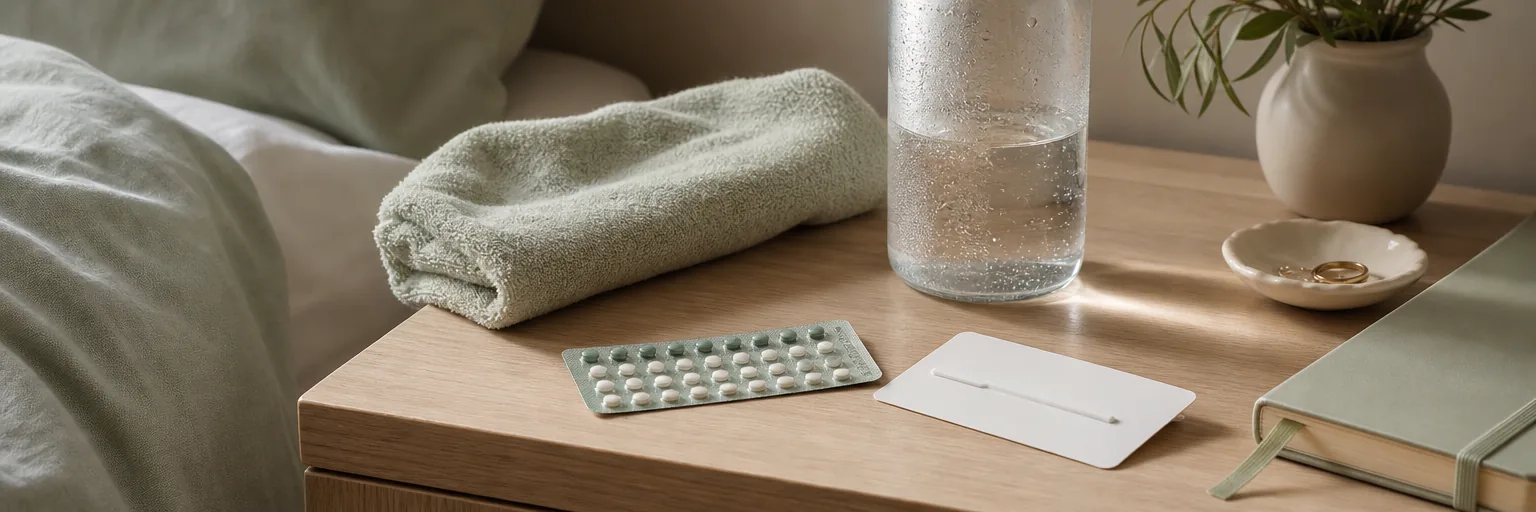 tidy bedside table styling with a blister of combined oral contraceptives, a discrete unbranded implant and IUD product card, and a hydration bottle in a calm neutral non-medicalised palette