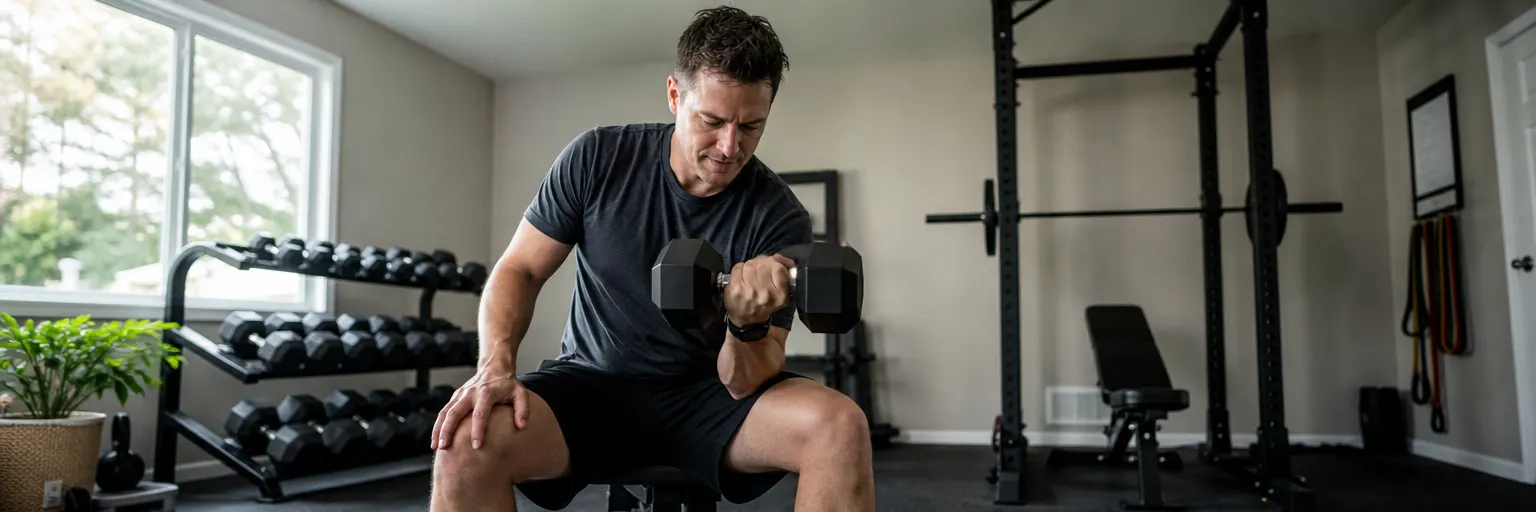 Adult lifting a dumbbell in a home gym beside a dumbbell rack and squat stand