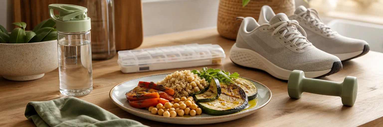 calm post-treatment daily-life composition on a wooden kitchen counter with a Mediterranean plate of grilled vegetables and whole grains, cushioned walking shoes and a light dumbbell in soft focus, a discreet unbranded monthly medication organiser, and a small hydration bottle