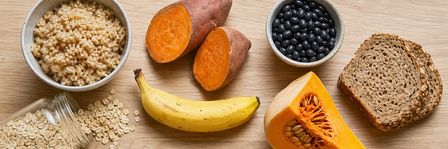 assortment of whole-food carbohydrates including brown rice, sweet potato, beans, oats, and seeded bread