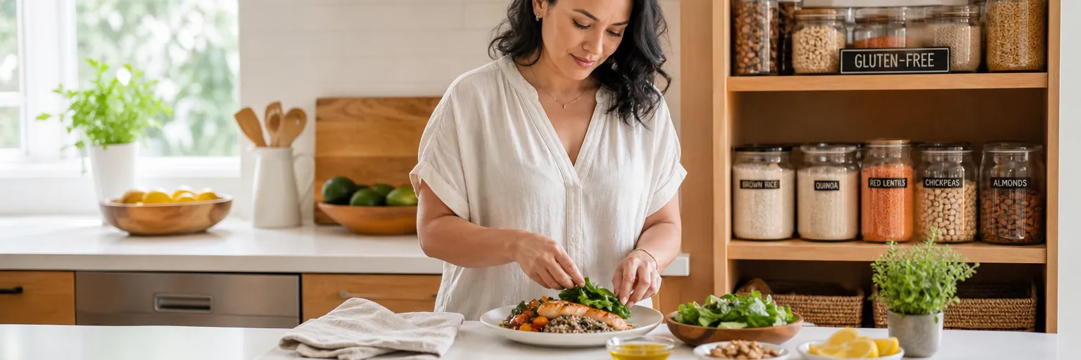 adult preparing a naturally gluten-free Mediterranean-style plate at a sunlit kitchen counter as part of a celiac-friendly weight-management routine