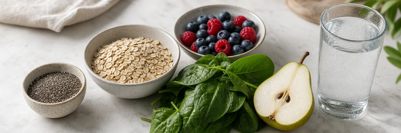 fibre-rich foods and a glass of water arranged on a kitchen counter, illustrating dietary strategies to relieve constipation during weight loss