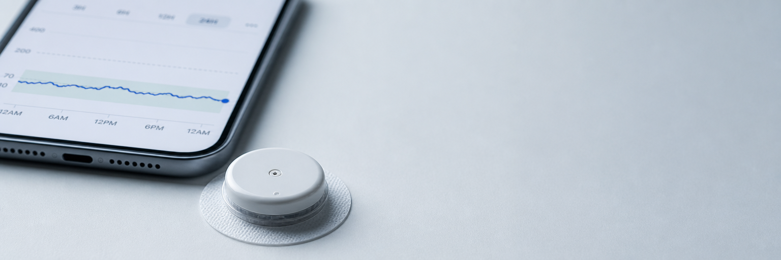 Unbranded round continuous glucose monitor sensor patch on a clean matte surface beside a smartphone showing a flat glucose trace, illustrating CGM use for weight loss and metabolic health.